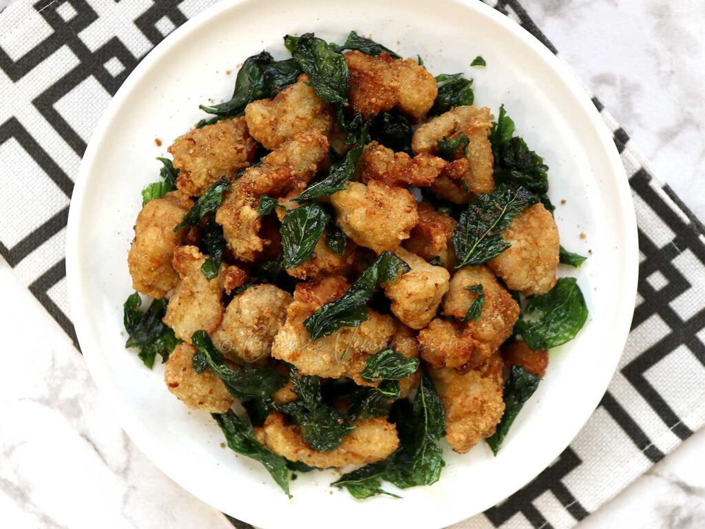 Taiwanese popcorn chicken with fried Thai basil
