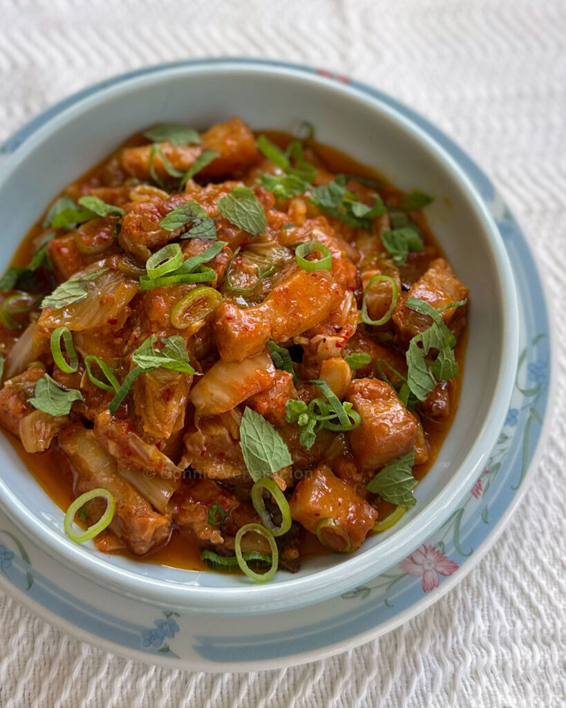 Pork adobo with kimchi and coconut cream
