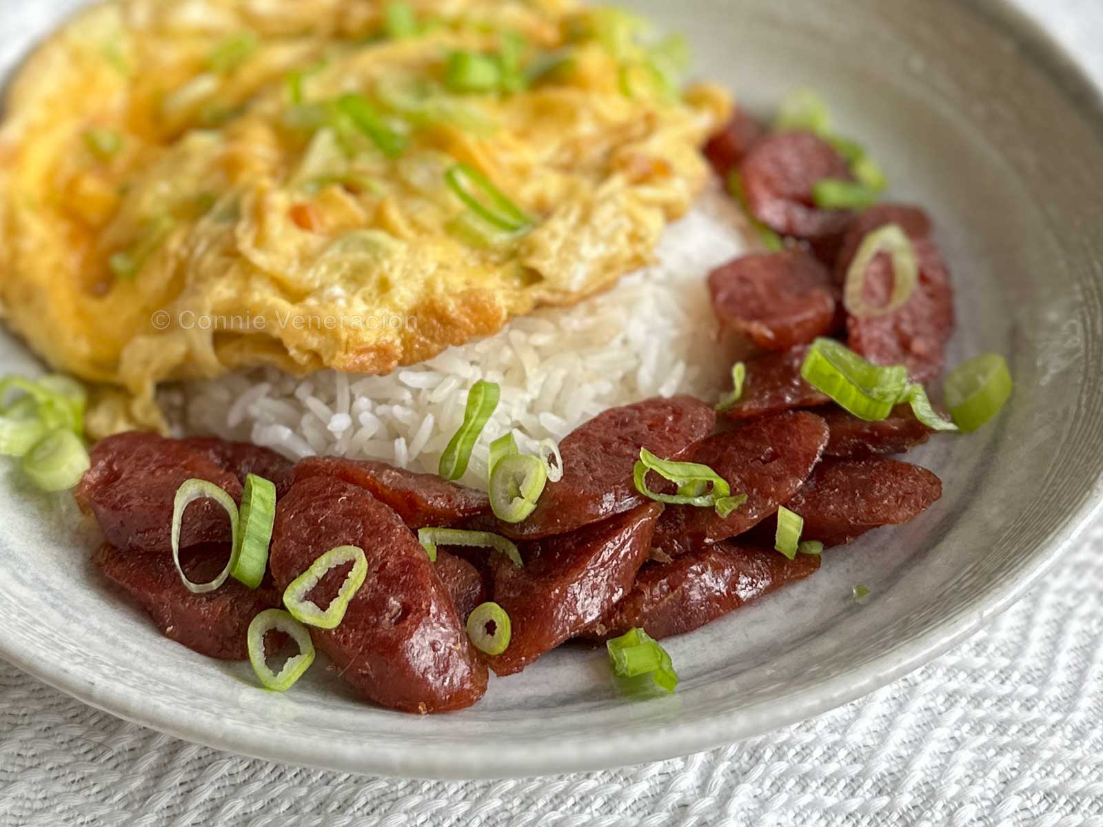 20-minute Chinese sausage, egg and rice breakfast
