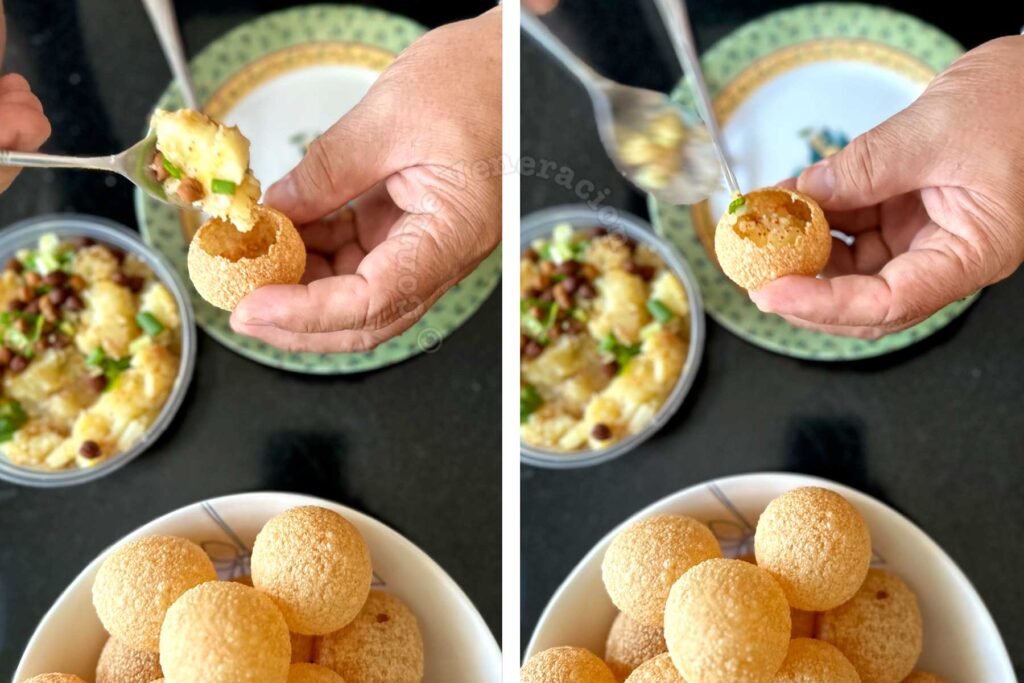 Filling puri with potato mash