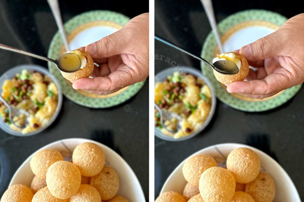 Drizzling tamarind chutney into puri filled with potato mash and curd