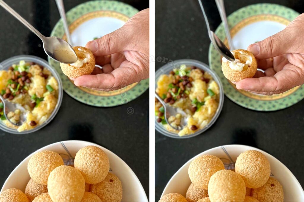 Spooning spiced water into potato mash filled puri