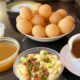 Components of panipuri: puti (fried hollow flatbread), potato mash, tamarind chutney, curd and spiced water