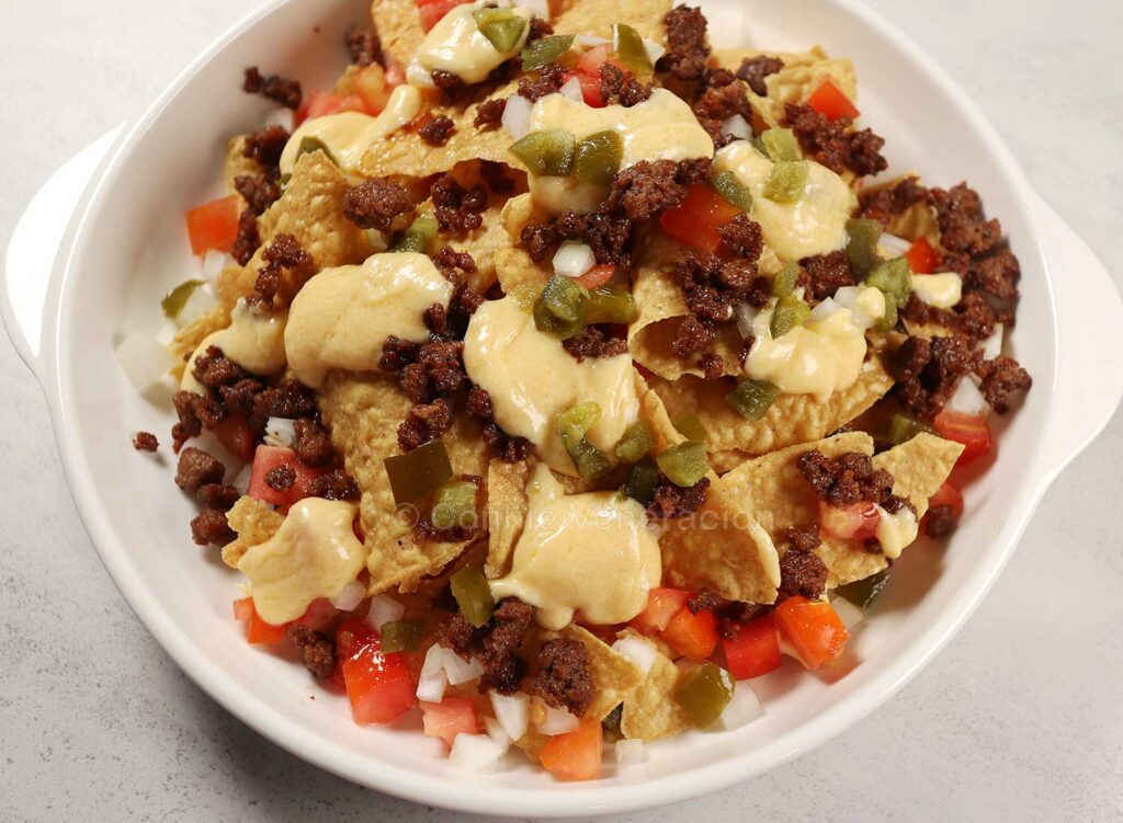 Spicy beef nachos with cheese sauce
