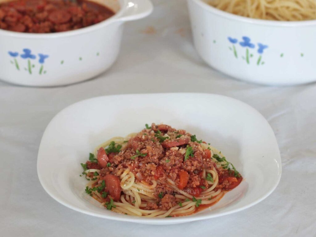 Filipino-style sweet spaghetti with hotdogs
