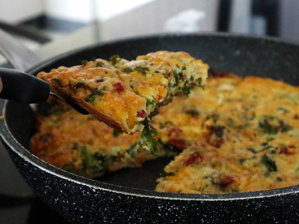 Cheese-loaded kale and salami frittata
