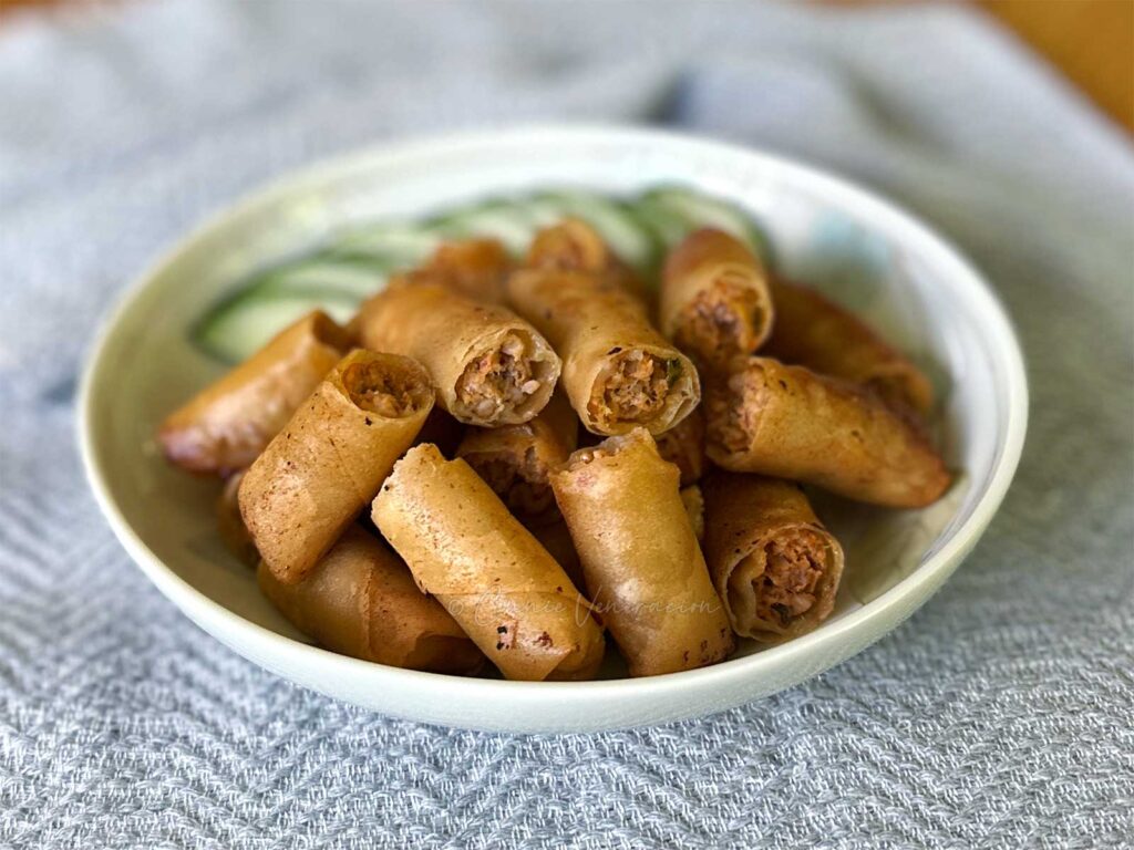 Easy crispy pork and cabbage kimchi spring rolls